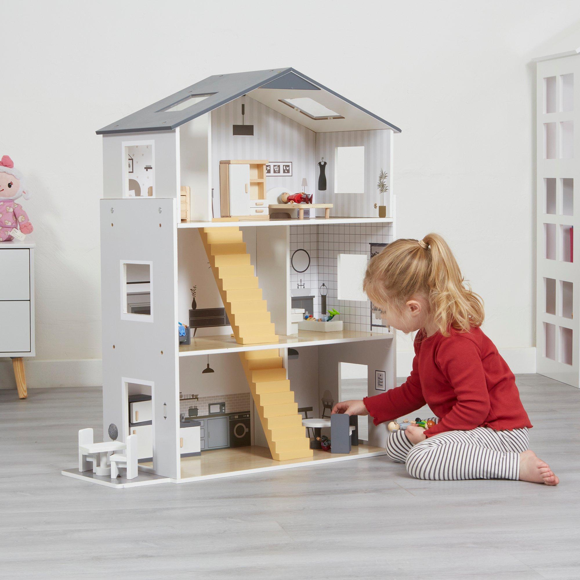 Contemporary Doll House with 18 Handcrafted Wood Furniture
